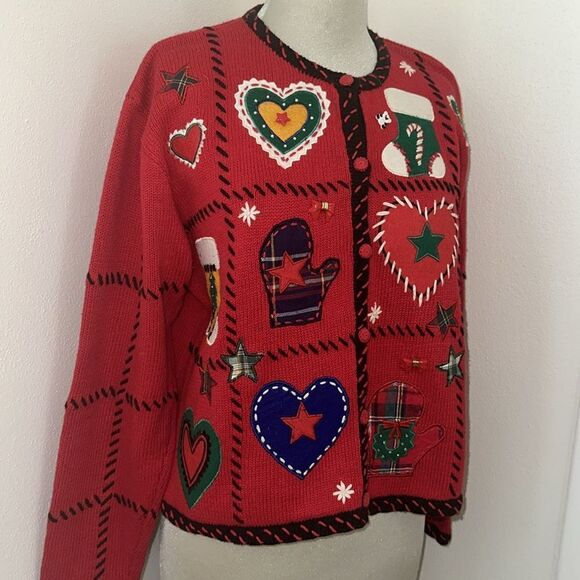 Red green holiday Christmas cardigan sweater charms Large L patches - Picture 2 of 7